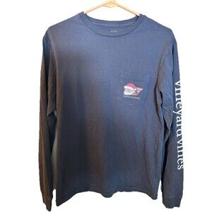 Vineyard Vines Men Size XS Long Sleeve T-Shirt Santa Claus Whale Blue Christmas
